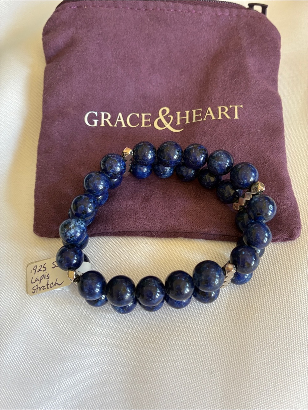 Grace & Heart Lapis Stretch Bracelet - Deep blue beads/sterling silver spacers